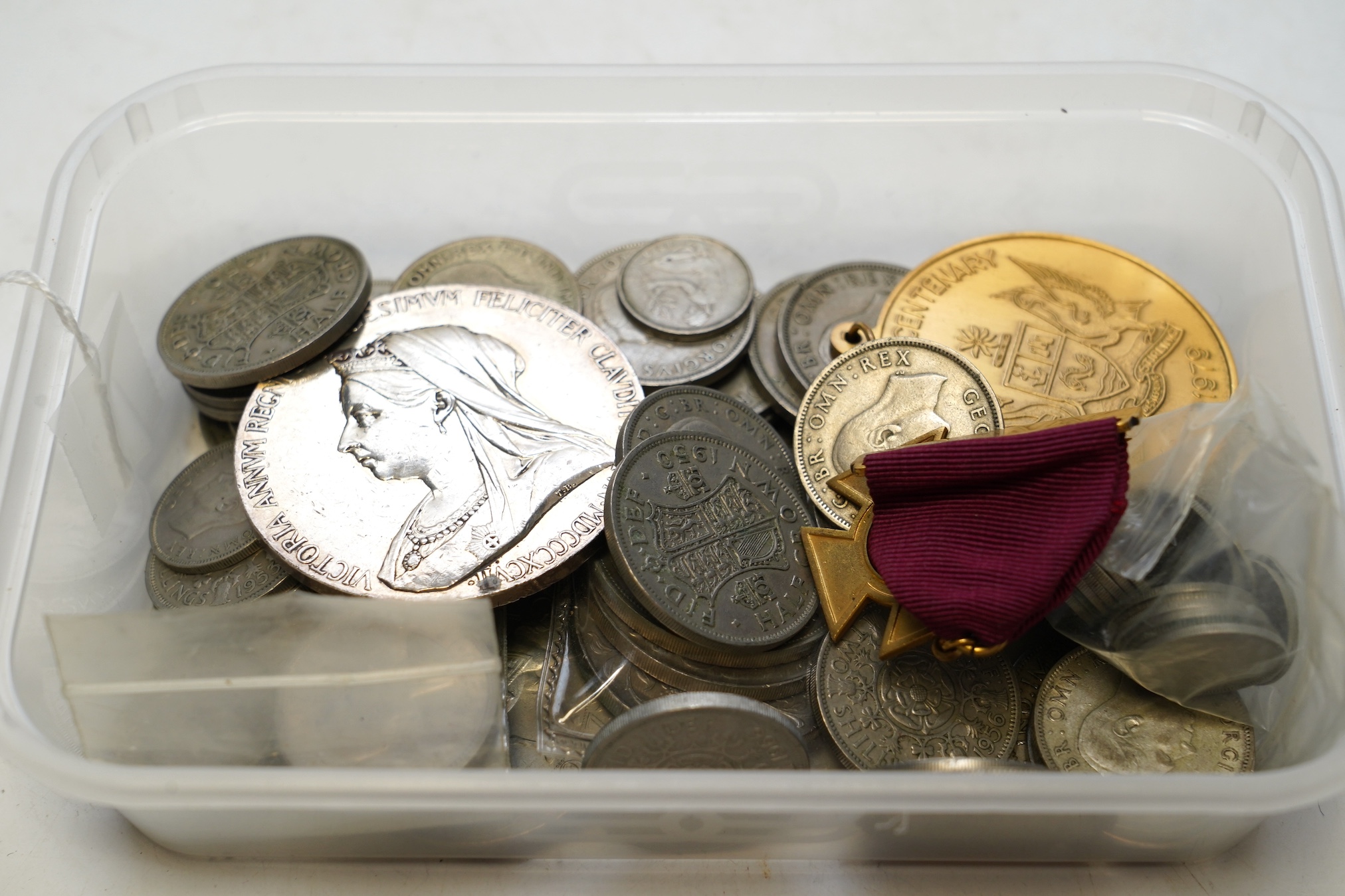 Assorted coins including pre 1947 examples and medals, including a Queen Victoria diamond Jubilee silver large silver medal. Condition - fair